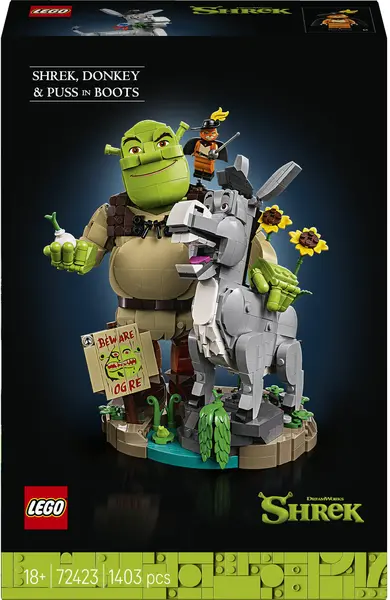Set de construcție LEGO Shrek – Shrek, Măgarul și Motanul Încălțat (72423)