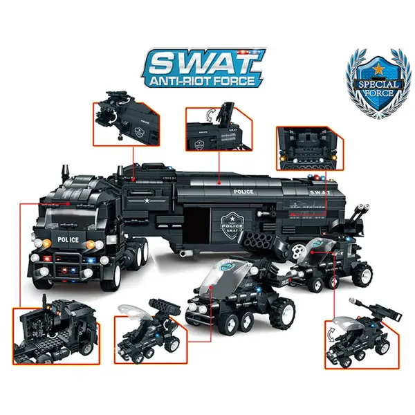 Set de constructie tip Lego Woma® EC-SWAT Defender - 1413 Piese, Vehicul de Comanda Operational, Camion SWAT