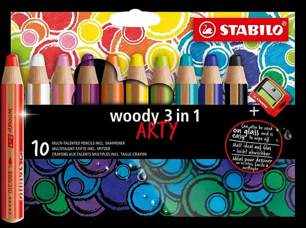 Set de creioane colorate Stabilo Woody 3 in 1 - Arty, 10 culori , cu ascuțitor
