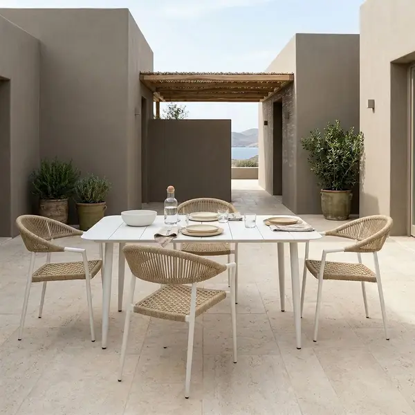 Set de dining Ammos Vista pakoworld, 5 piese, cadru din aluminiu alb cu funie PE in nuanta naturala, 150x80x72cm Set de dining Ammos Vista pakoworld, 5 piese, cadru din aluminiu alb cu funie PE în nuanță naturală, 150x80x72cm