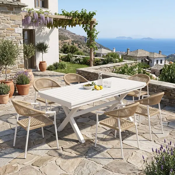 Set de dining Dagyn Ammos pakoworld 7 piese, alb, aluminiu cu coarda PE in nuanta naturala, 180-240x90x76cm Set de dining Dagyn Ammos pakoworld 7 piese, alb, aluminiu cu coarda PE în nuanță naturală, 180-240x90x76cm