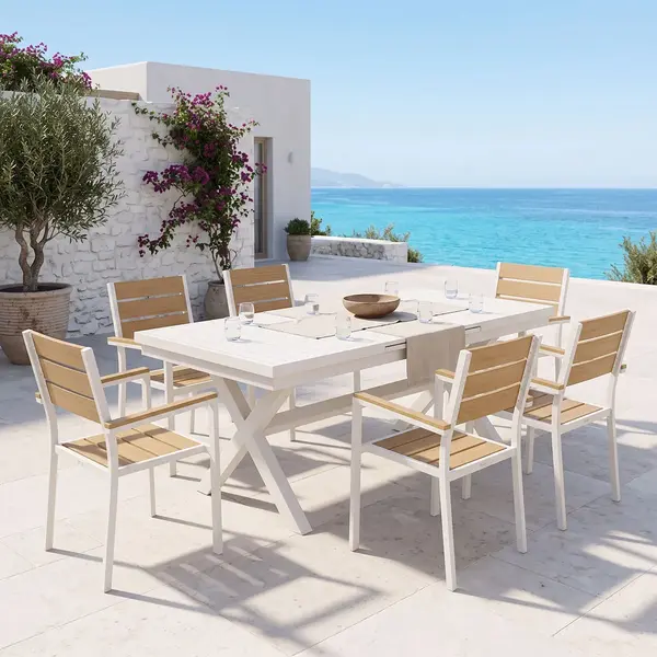 Set de dining Dagyn Breze pakoworld 7 piese, alb, aluminiu cu nuanta naturala, 180-240x90x76cm Set de dining Dagyn Breze pakoworld 7 piese, alb, aluminiu cu nuanță naturală, 180-240x90x76cm