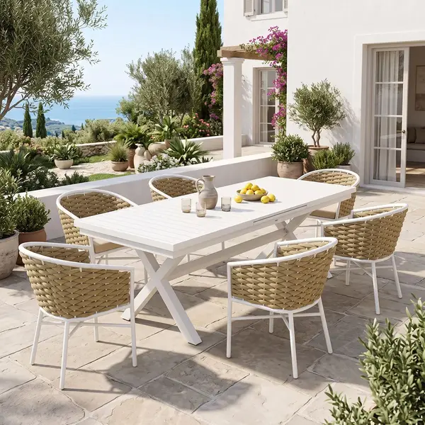 Set de dining Dagyn Noevo pakoworld 7 piese, alb, aluminiu cu coarda PE in nuanta naturala, 180-240x90x76cm Set de dining Dagyn Noevo pakoworld 7 piese, alb, aluminiu cu coarda PE în nuanță naturală, 180-240x90x76cm
