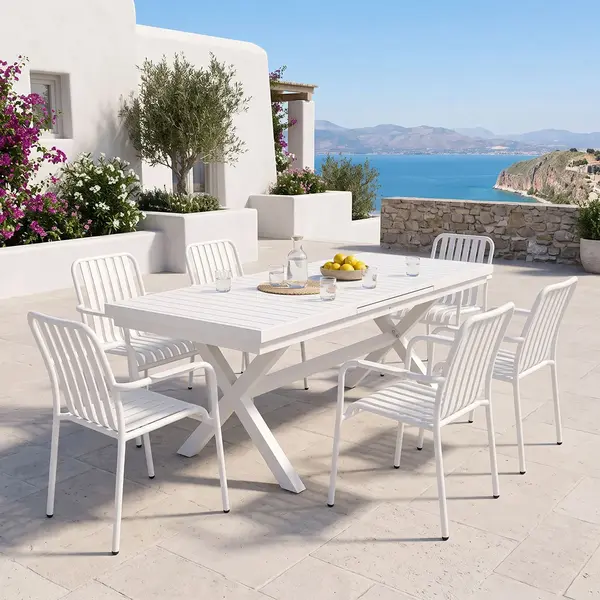 Set de dining Dagyn Vista pakoworld 7 piese, alb, aluminiu, 180-240x90x76cm Set de dining Dagyn Vista pakoworld 7 piese, alb, aluminiu, 180-240x90x76cm