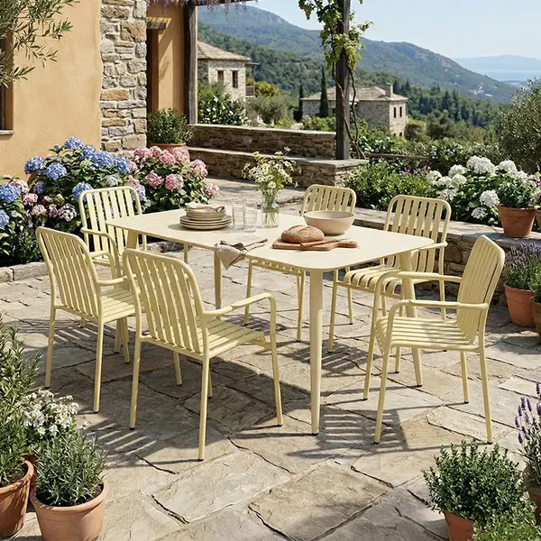 Set de dining Heven Vista pakoworld, set de 7 piese, champagne, aluminiu, 150x80x72cm Set de dining Heven Vista pakoworld, set de 7 piese, champagne, aluminiu, 150x80x72cm