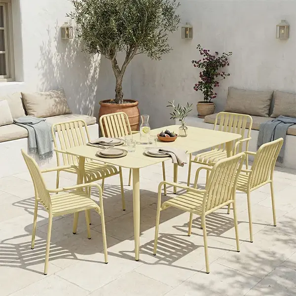 Set de dining Heven Vista pakoworld, set de 7 piese, champagne, aluminiu, 120x70x72cm Set de dining Heven Vista pakoworld, set de 7 piese, champagne, aluminiu, 120x70x72cm