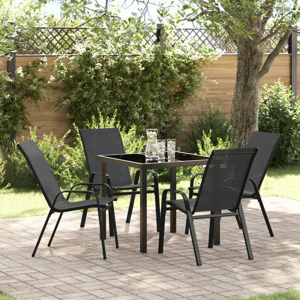 Set de dining pentru gradina Gossi 5 piese negru textil si otel, masa de gradina Gossi neagra 80x80x73 cm sticla temperata