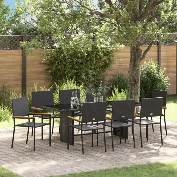 Set de dining pentru gradina Gossi de 9 piese negru ratansintetic, scaune de gradina Gossi stivuibile cu perne - set de 2 piese in negru ratan sintetic