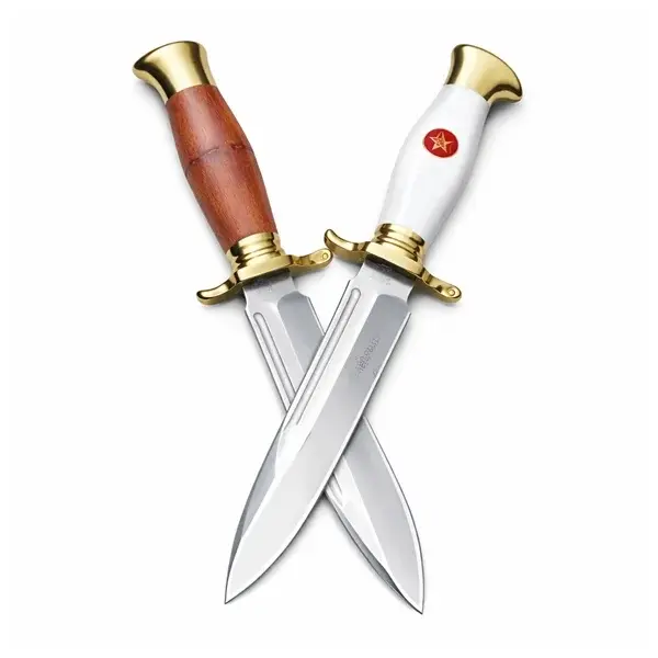 Set de doua cutite de vanatoare, teaca din piele naturala, lama 440C, maner acrilic full tang, 26 cm, alb maro