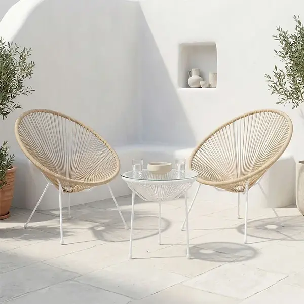 Set de fotolii de exterior Acapulco pakoworld, 3 piese, structura metalica alba cu ratan PE in culoarea naturala, D50x52 cm Set de fotolii de exterior Acapulco pakoworld, 3 piese, structură metalică albă cu ratan PE în culoarea naturală, D50x52 cm