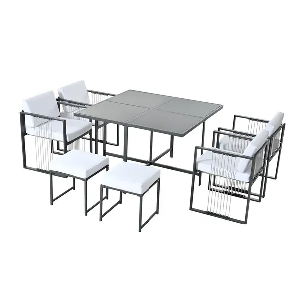 Set de grădină 7 piese pentru 6 persoane, masă din sticlă securizată, 4 scaune împletite și 2 taburete pentru picioare, Negru+Alb
