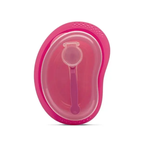 Set de hranire cu 3 piese Lorelli Pink contine farfurie, castron cu capac si lingurita 6 luni+