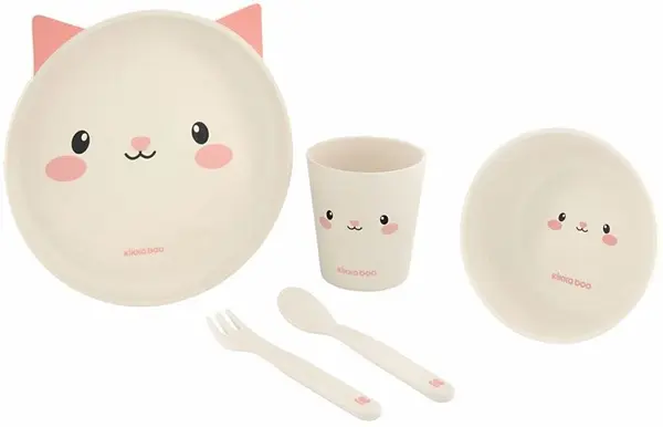 Set de hrănire din bambus KikkaBoo - Cat, roz