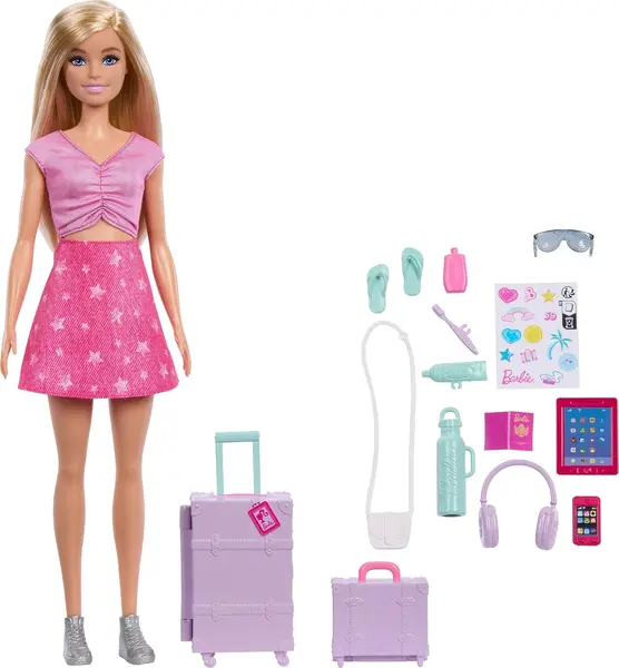 Set de joacă Barbie Family & Friends – Barbie Malibu cu 10 accesorii de călătorie