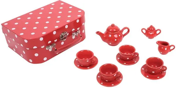 Set de joaca Bigjigs - Set de ceai din portelan, in cufar, rosu