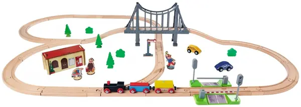 Set de joacă Eichhorn - Tren cu șină și pod, 55 piese