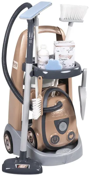 Set de joacă Smoby - Cărucior de curățenie cu aspirator Rowenta, cu 8 accesorii
