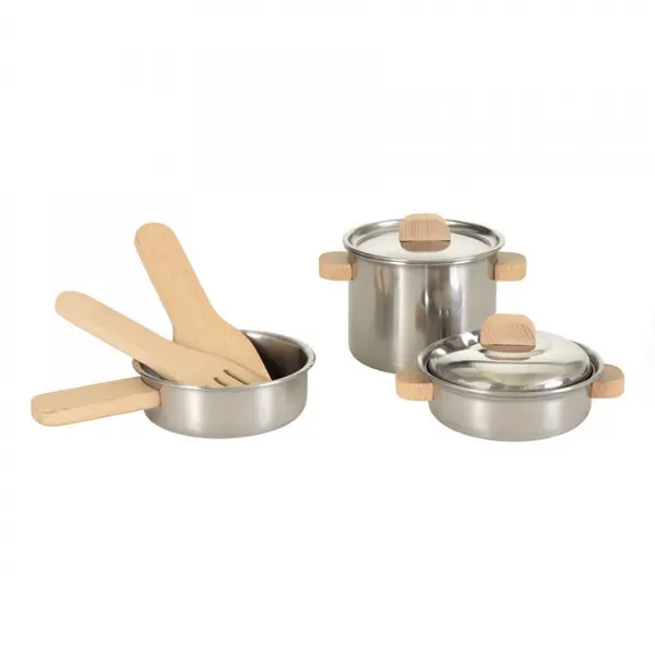 Set de joaca-vase de inox cu manere si ustensile din lemn,+3 ani