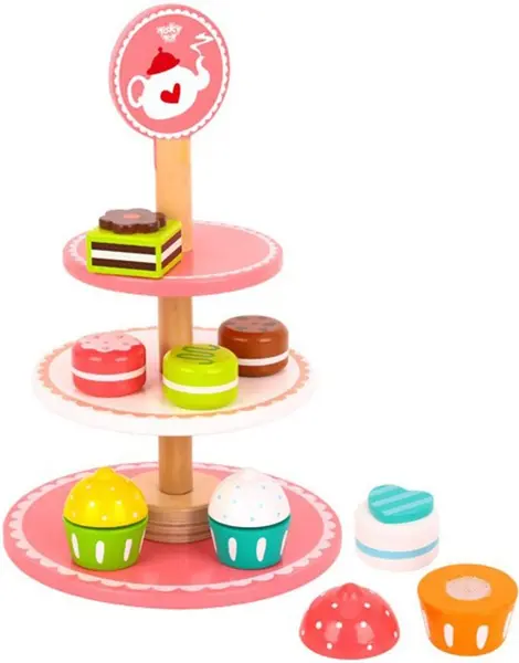 Set de joc Tooky Toy - cupcakes si deserturi din lemn pe o tava
