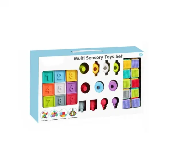 Set de jucarii senzoriale pentru bebelusi 32 piese cu cuburi si elemente interactive