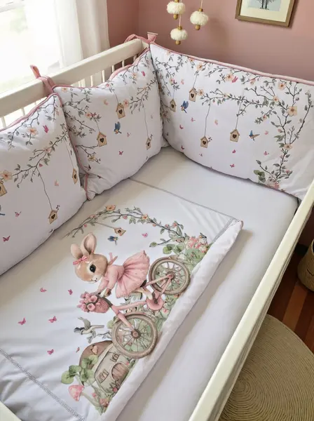 Set de lenjerie de pat de lux Bambino Casa – Rose Rabbit Bicycle, 5 piese
