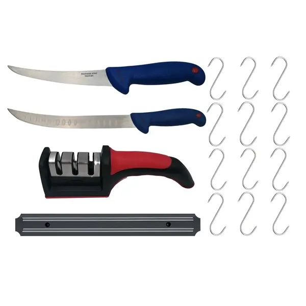 Set de macelarie DEPOX , filetat, cutitul bucatarului, ascutitoare, suport magnetic si 12 carlige macelarie, otel inoxidabl