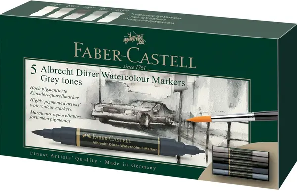 Set de markere acuarelabile Faber-Castell Albrech Dürer - 5 culori, tonuri de gri