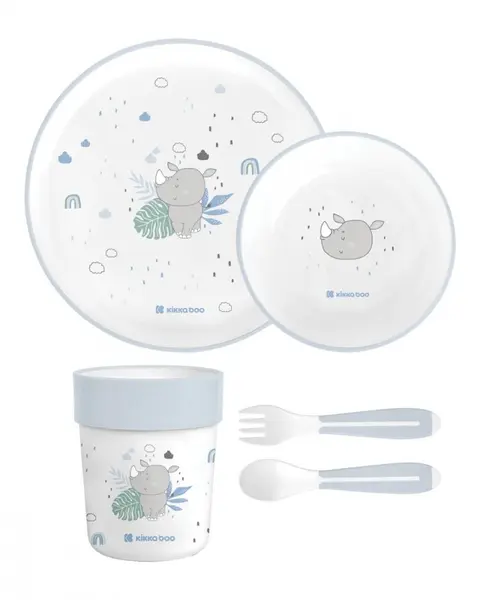 Set de masa pentru copii cu 5 piese KikkaBoo Savanna Blue,include farfurie, bol, cana, lingura si furculita,forme rotunjite,fara BPA,6 luni+