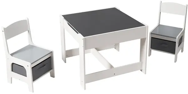 Set de masă pentru copii cu două fețe cu tablă și 2 scaune Ginger Home - alb-gri