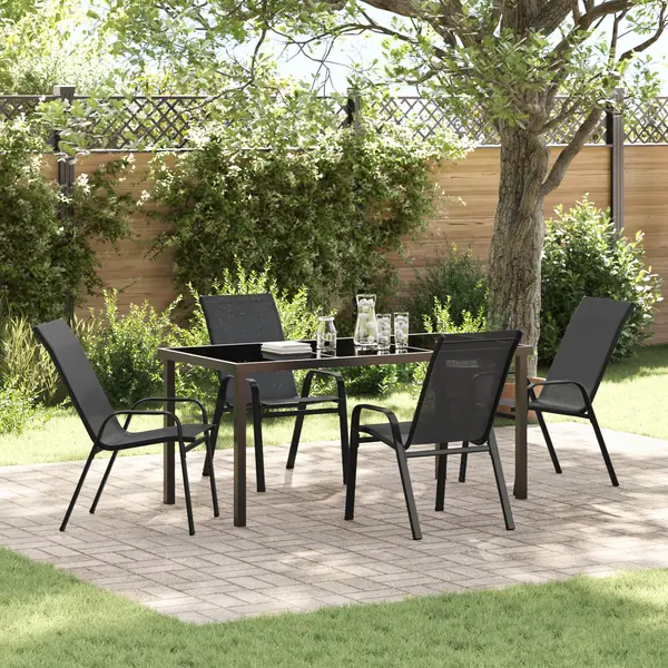 Set de masa pentru gradina Gossi 5 piese negru textilene si otel, masa pentru gradina Gossi neagra 160x80x73 cm cu sticla temperata