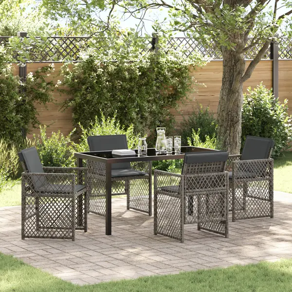 Set de masa pentru gradina Gossi cu 5 piese si perne gri din ratan poli, masa de gradina Gossi neagra 140x80x73 cm din sticla temperata