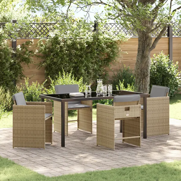 Set de masa pentru gradina Gossi cu perne bej din ratan polimer, masa gradina Gossi neagra 160x80x73 cm cu sticla securizata