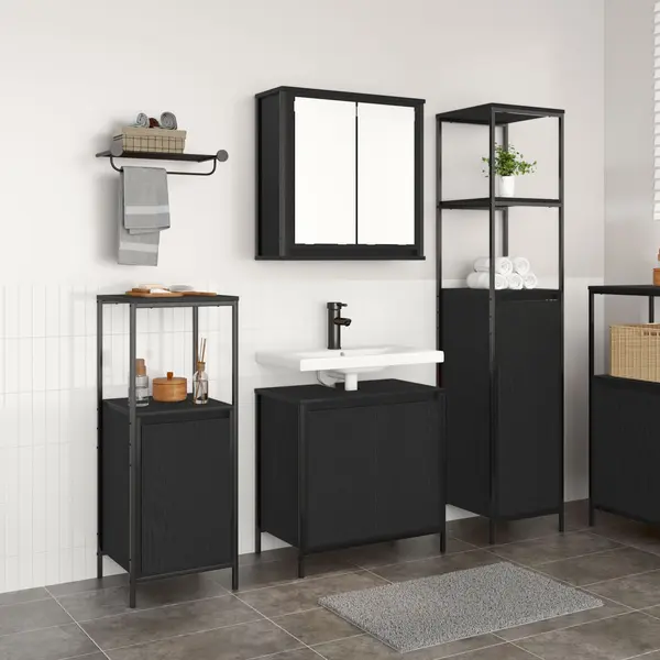 Set de mobila pentru baie 3 piese Gossi din lemn compozit stejar negru