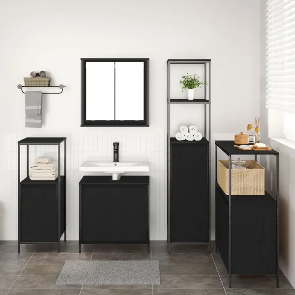 Set de mobila pentru baie 5 piese Gossi din lemn de stejar negru
