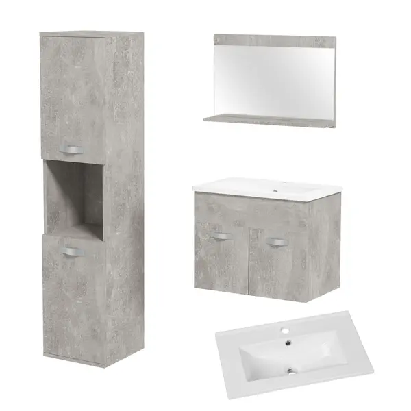 Set de Mobilier de Baie din 3 Piese, Montare pe Perete, cu Dulap cu Oglinda, Dulap de Depozitare Inalt, Gri Kleankin | Aosom Romania