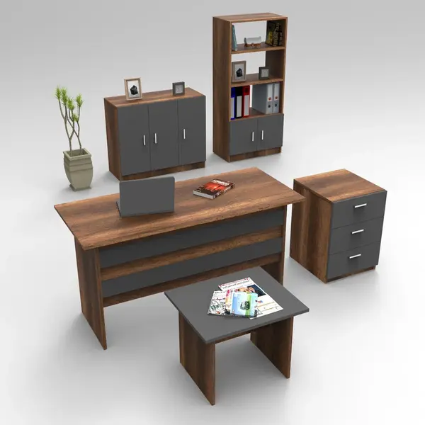 Set de mobilier de birou Barsto, Alb - Nuc - Stejar, 5 piese Elegante, 140x60x74 cm