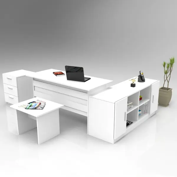 Set de mobilier de birou Bexon, Nuc - Alb - Stejar, Birou - Comoda - Rollbox - Masuta, 140x60x74 cm