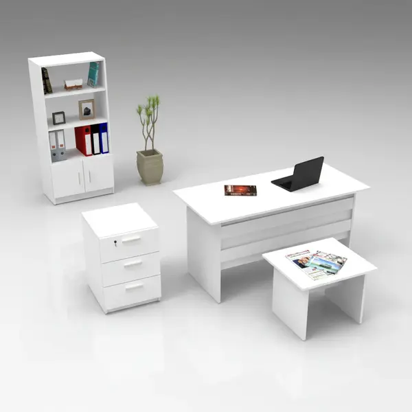 Set de mobilier de birou Clabber, Alb - Stejar - Nuc, 4 piese Biblioteca - Birou - Masa - Rollbox, 140x60x74 cm