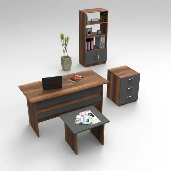Set de mobilier de birou Clabber, Alb - Stejar - Nuc, 4 piese Biblioteca - Birou - Masa - Rollbox, 140x60x74 cm