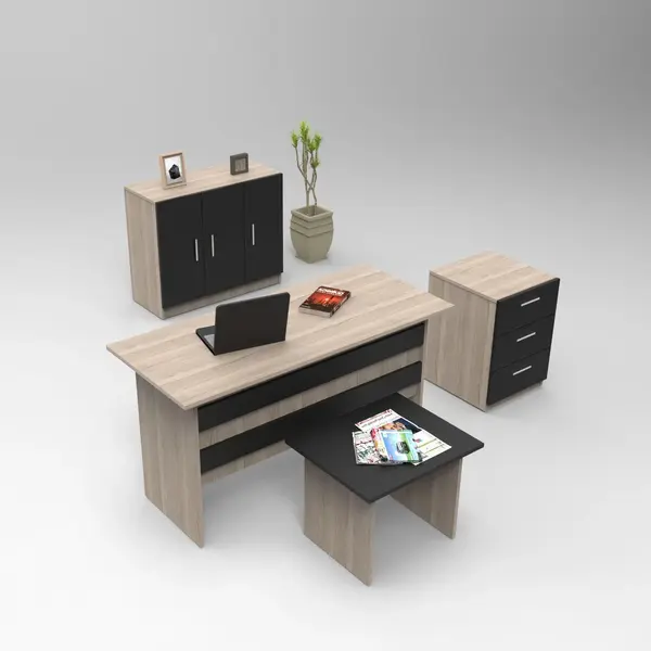 Set de mobilier de birou Torrens, Alb - Nuc - Stejar, 4 Piese, Birou - Biblioteca - Rollbox - Masuta, 140x60x74 cm