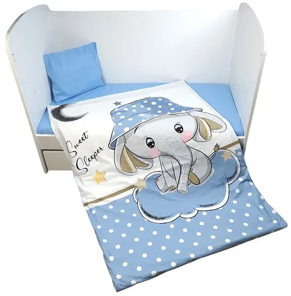 Set de pat pentru bebeluși 5 piese Rainy - Elefant albastru, 60 x 120 cm