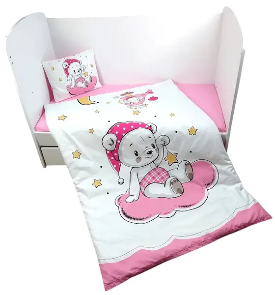Set de pat pentru bebeluși Rainy - 5 piese, Ursuleț roz, 60 x 120 cm