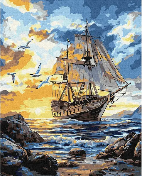 Set de pictură după numere Ideyka - Vas pe mare, 40 x 50 cm