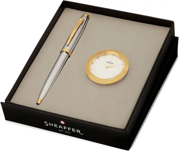 Set de pixuri Sheaffer 100 - Bright Chrome, cu un ceas de birou