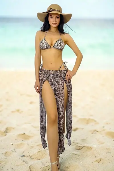 Set de plaja trei piese KIRABAY, fusta si costum de baie cu snur, Print Leopard