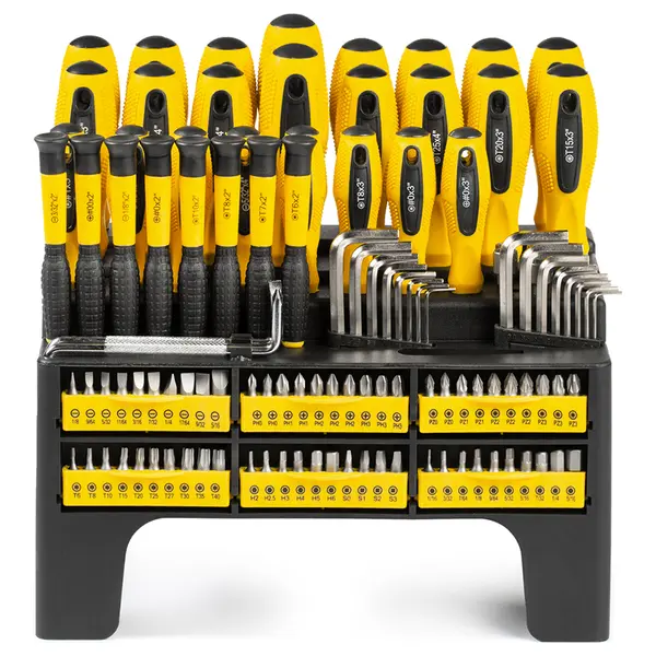 Set de scule 116 piese: 24 șurubelnițe, 60 biți, 16 chei hexagonale, 6 capete plug-in, 2 extensii