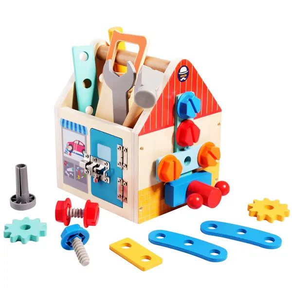 Set de scule din lemn pentru copii 32 piese cu cutie de depozitare si accesorii de constructie