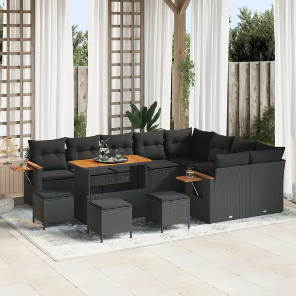 Set de sofa de gradina Gossi 12 piese cu perne negru rattan sintetic acacia, set de dining de gradina Gossi 3 piese cu perne negru rattan sintetic acacia