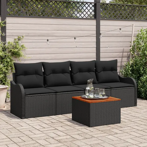 Set de sofa de gradina Gossi 5 piese cu perne negru poliratan acacia, sofa de gradina Gossi 2 locuri cu perne negru poliratan