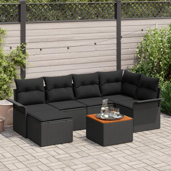 Set de sofa de gradina Gossi 7 piese cu perne negru ratan poli acacia, sofa de gradina Gossi cu 2 locuri cu depozitare si perne negru ratan poli
